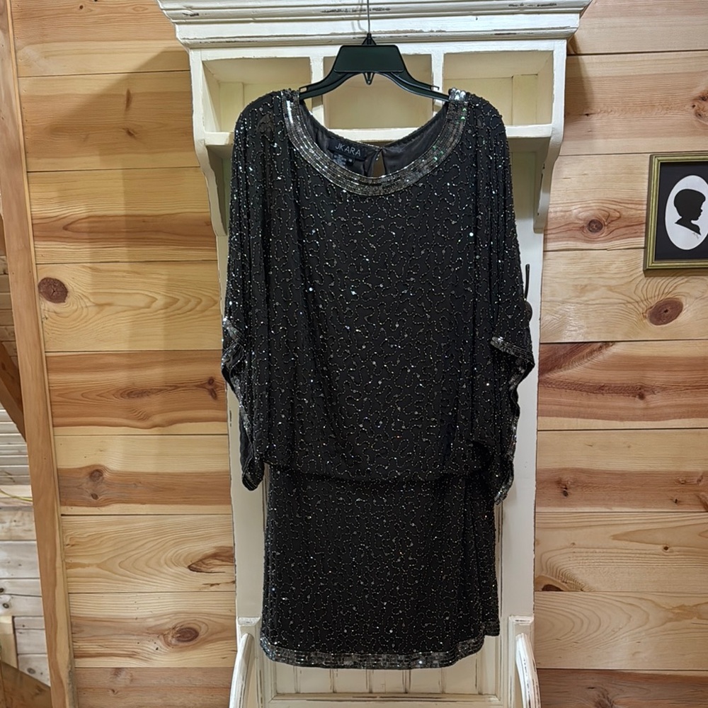J Kara Dark Gray and Silver Sequin Midi Dress